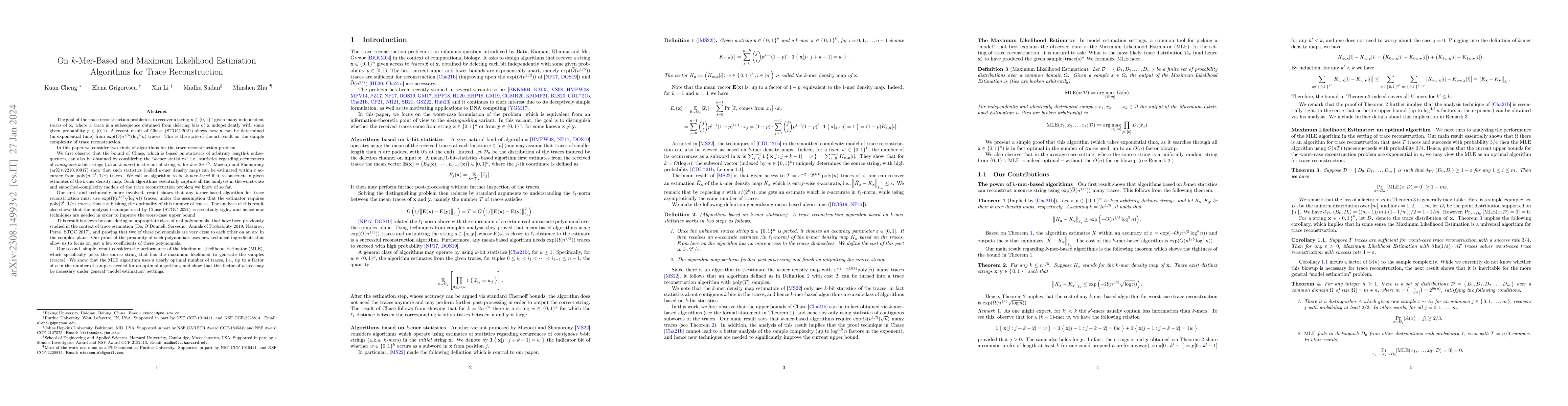 Thumbnail for On k-Mer-Based and Maximum Likelihood Estimation Algorithms for Trace
  Reconstruction