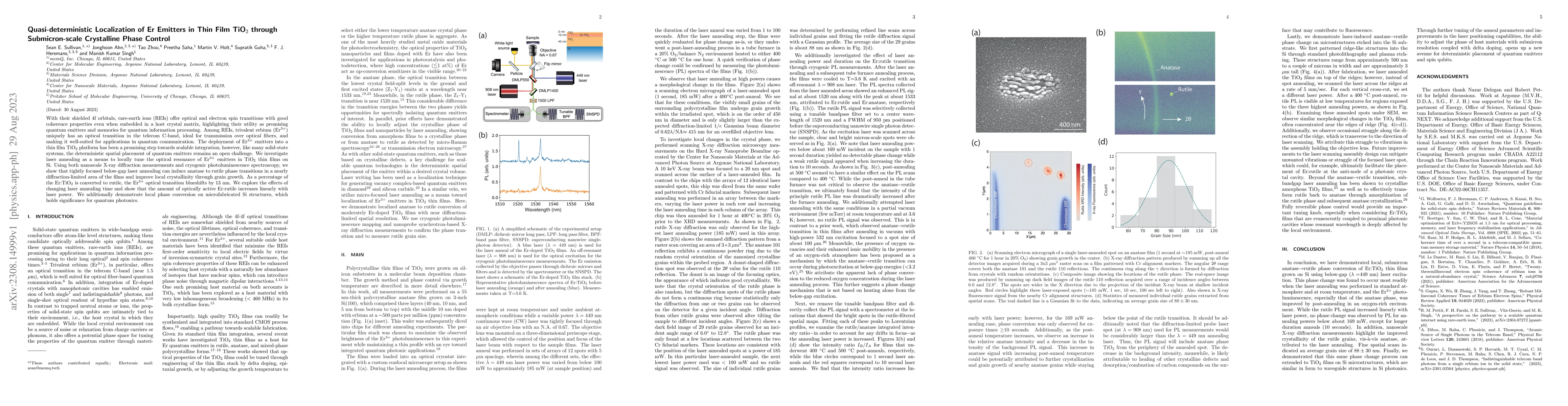 Thumbnail for Quasi-deterministic Localization of Er Emitters in Thin Film TiO$_2$
  through Submicron-scale Crystalline Phase Control
