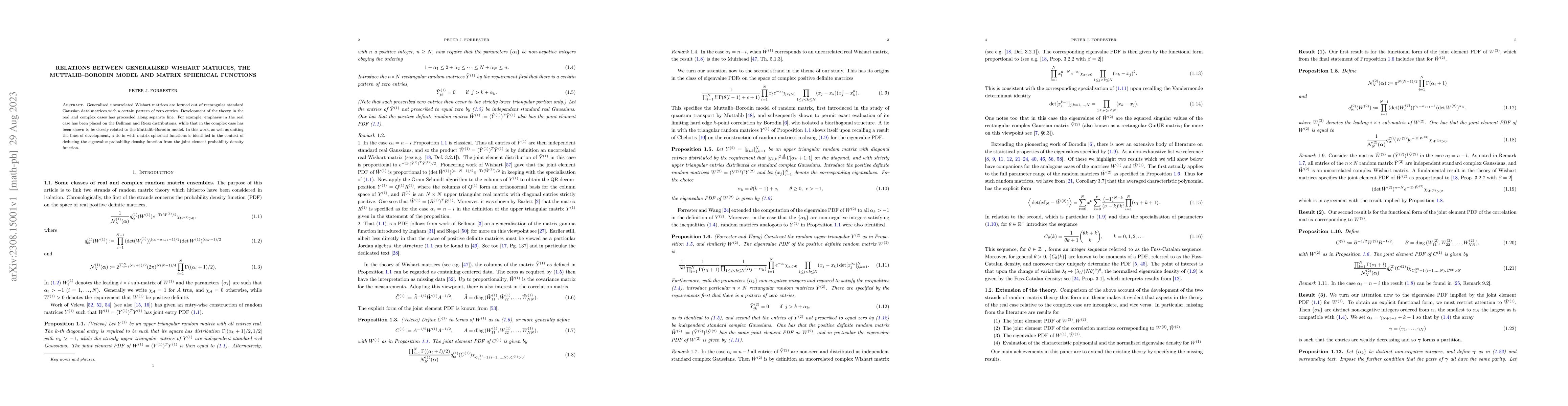 Thumbnail for Relations between generalised Wishart matrices, the Muttalib--Borodin
  model and matrix spherical functions