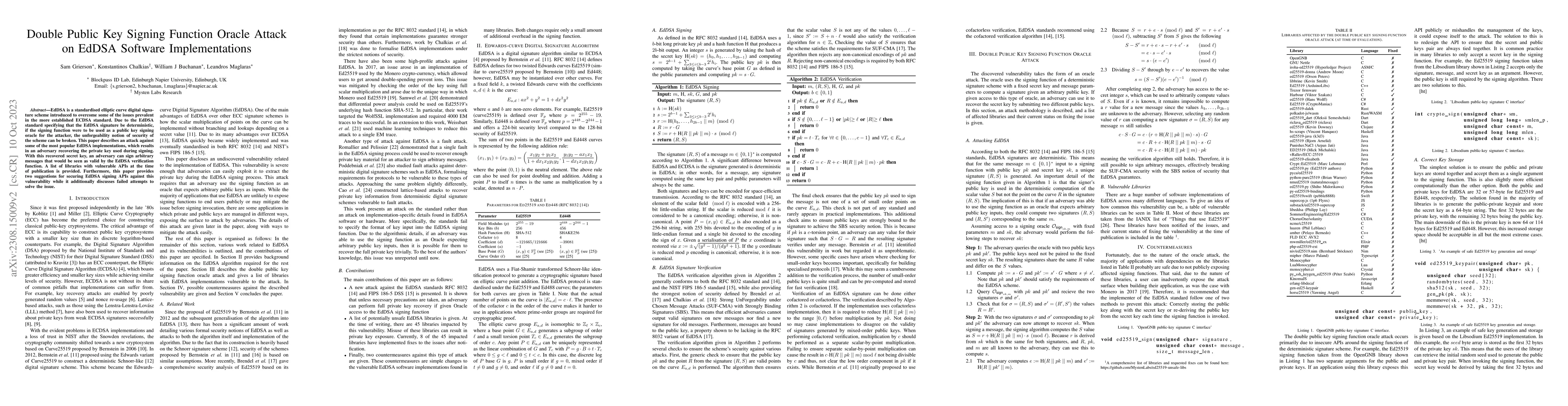 Thumbnail for Double Public Key Signing Function Oracle Attack on EdDSA Software
  Implementations