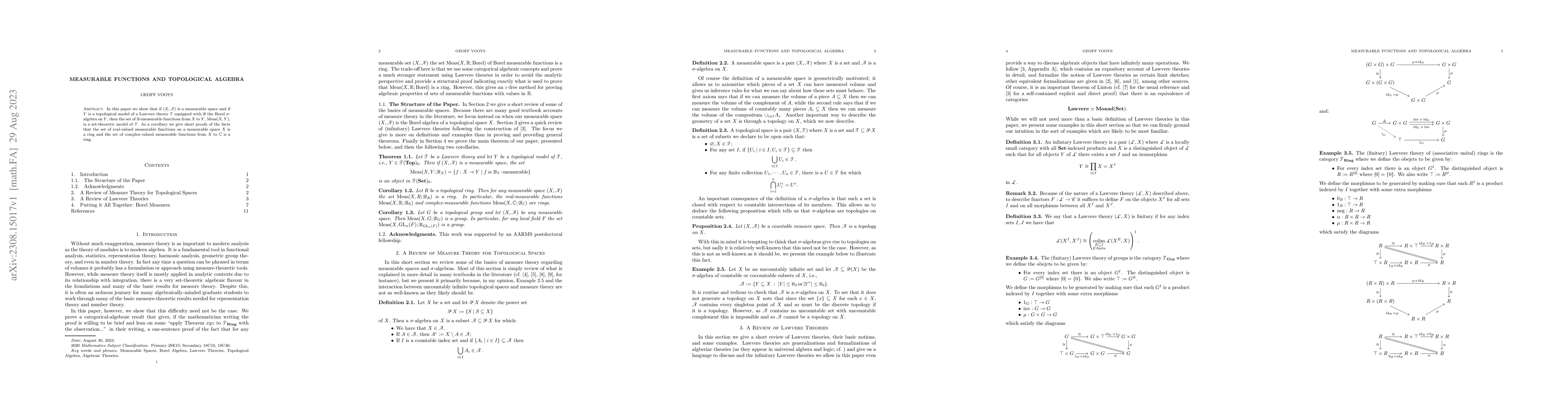 Thumbnail for Measurable Functions and Topolgical Algebra