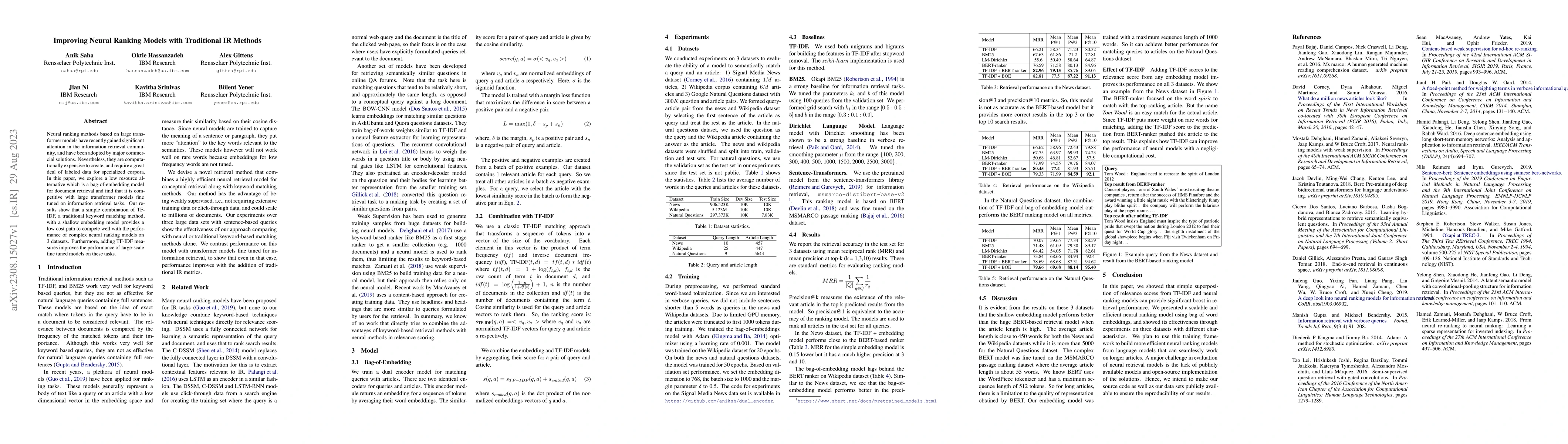 Thumbnail for Improving Neural Ranking Models with Traditional IR Methods