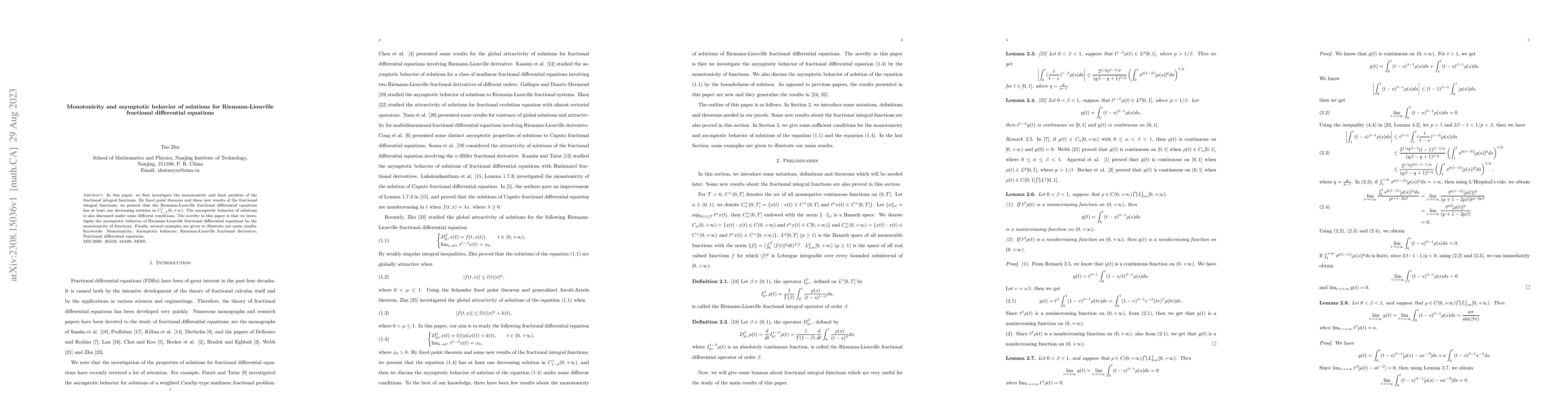 Thumbnail for Monotonicity and asymptotic behavior of solutions for Riemann-Liouville
  fractional differential equation