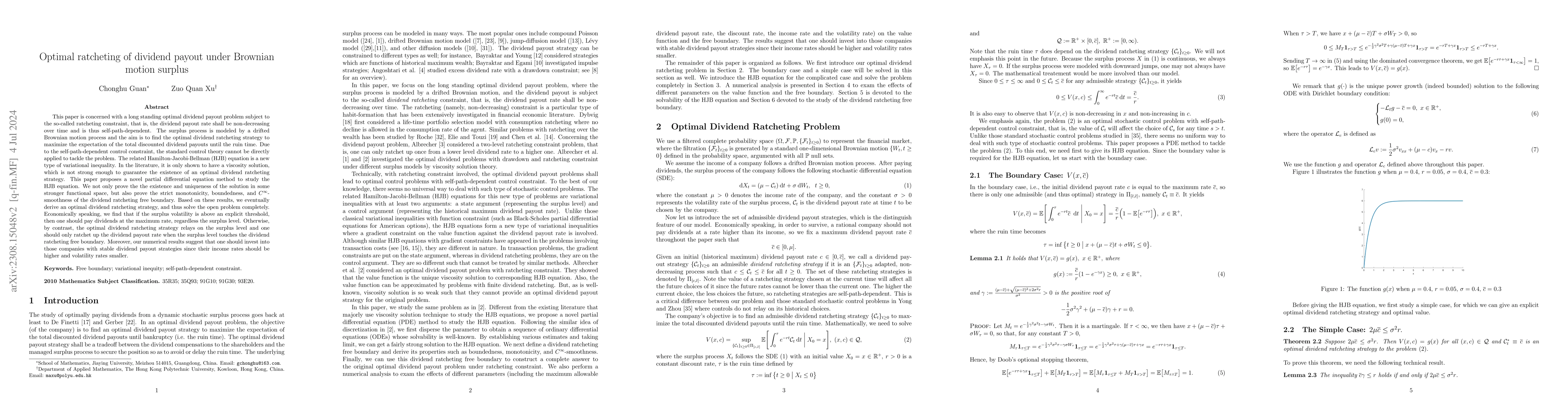 Thumbnail for Optimal ratcheting of dividend payout under Brownian motion surplus