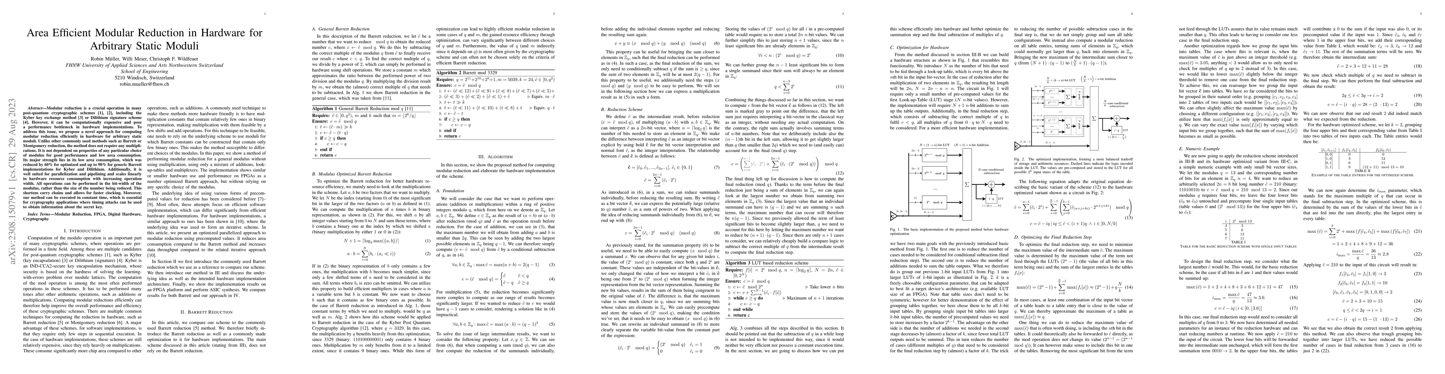Thumbnail for Area Efficient Modular Reduction in Hardware for Arbitrary Static Moduli