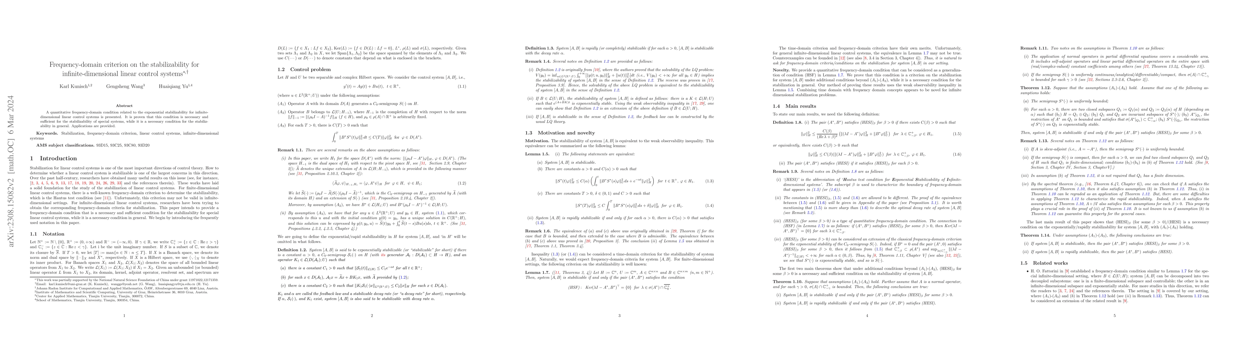 Thumbnail for Frequency-domain criterion on the stabilizability for
  infinite-dimensional linear control systems
