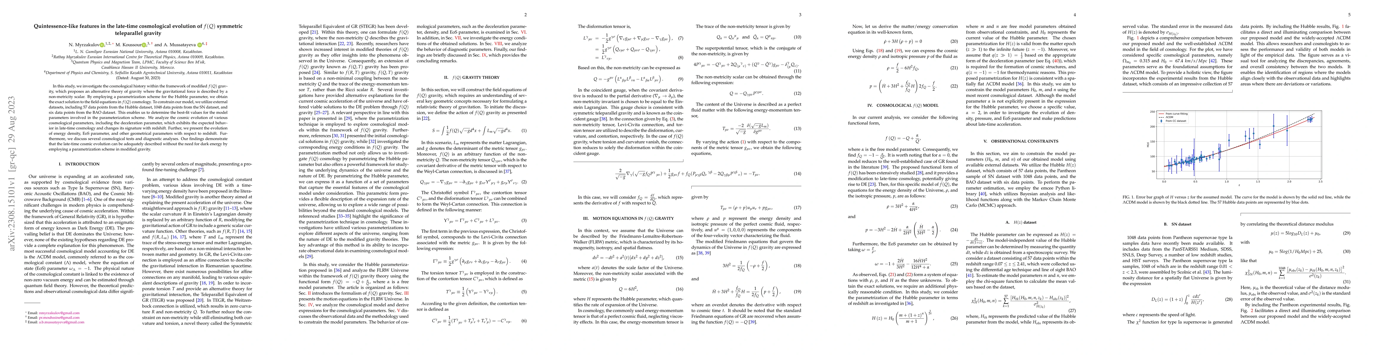 Thumbnail for Quintessence-like features in the late-time cosmological evolution of
  $f(Q)$ symmetric teleparallel gravity