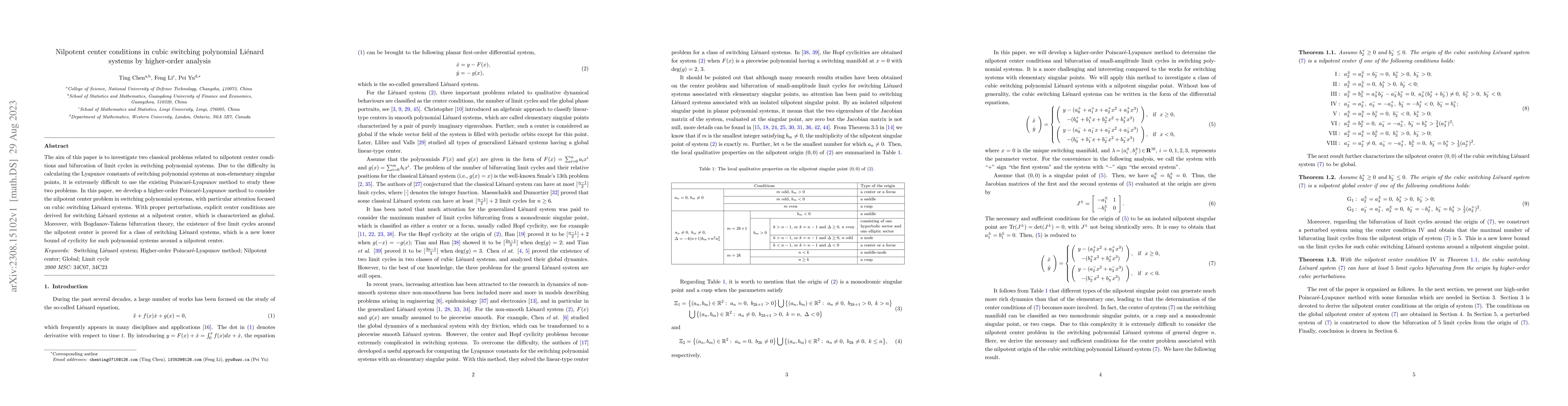 Thumbnail for Nilpotent center conditions in cubic switching polynomial Li\'enard
  systems by higher-order analysis