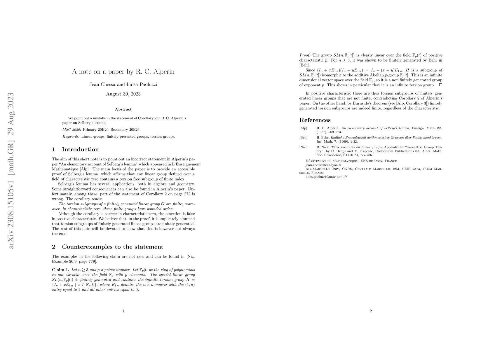 Thumbnail for A note on a paper by R. C. Alperin