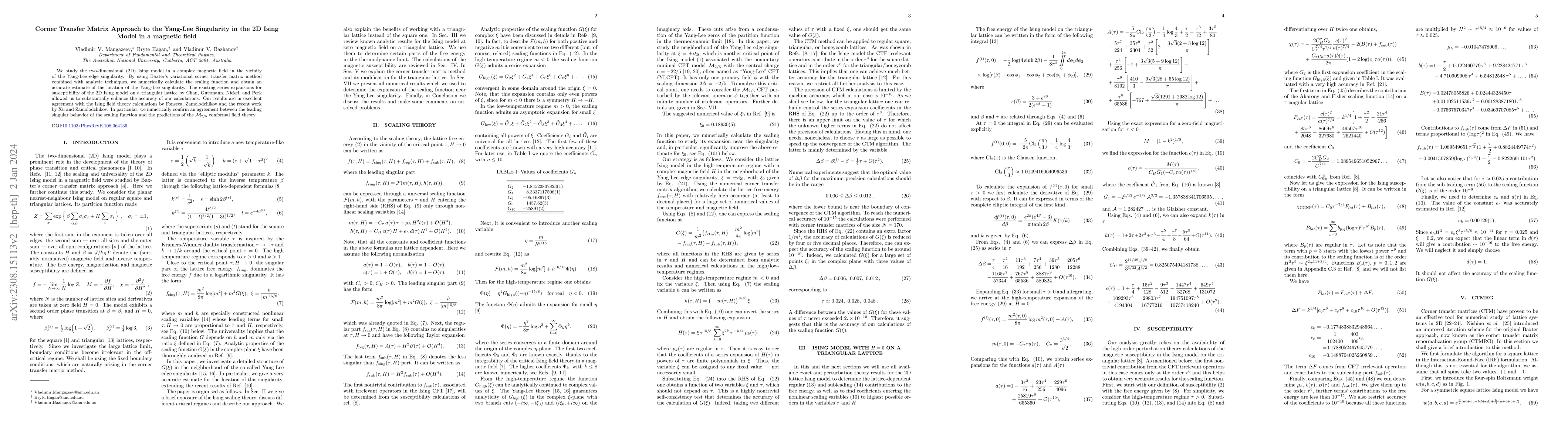 Thumbnail for Corner Transfer Matrix Approach to the Yang-Lee Singularity in the 2D
  Ising Model in a magnetic field