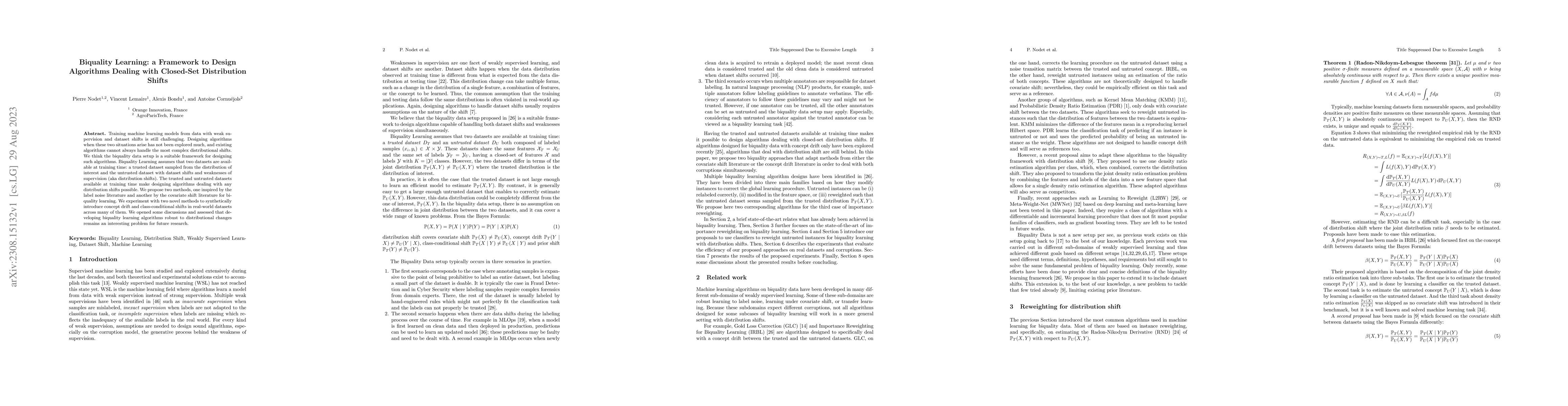 Thumbnail for Biquality Learning: a Framework to Design Algorithms Dealing with
  Closed-Set Distribution Shifts