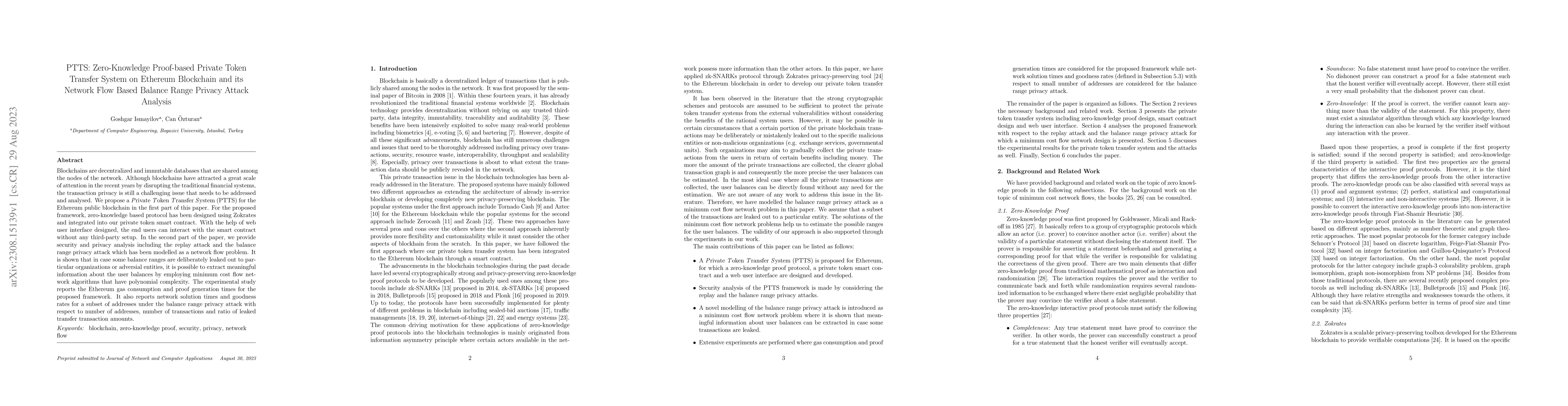 Thumbnail for PTTS: Zero-Knowledge Proof-based Private Token Transfer System on
  Ethereum Blockchain and its Network Flow Based Balance Range Privacy Attack
  Analysis
