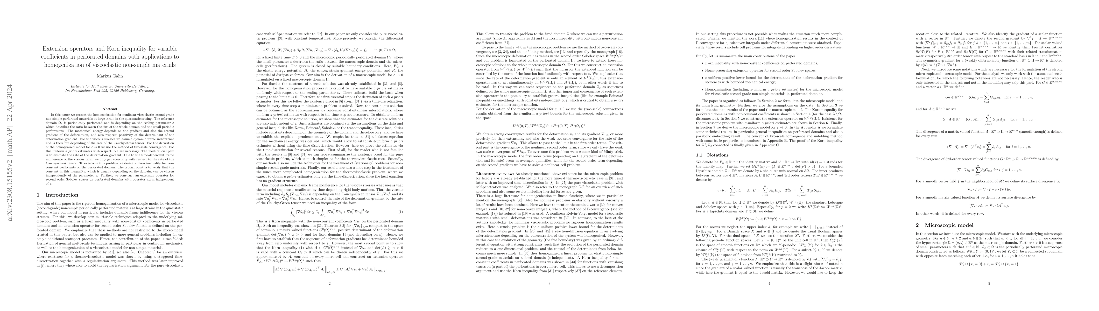 Thumbnail for Extension operators and Korn inequality for variable coefficients in
  perforated domains with applications to homogenization of viscoelastic
  non-simple materials