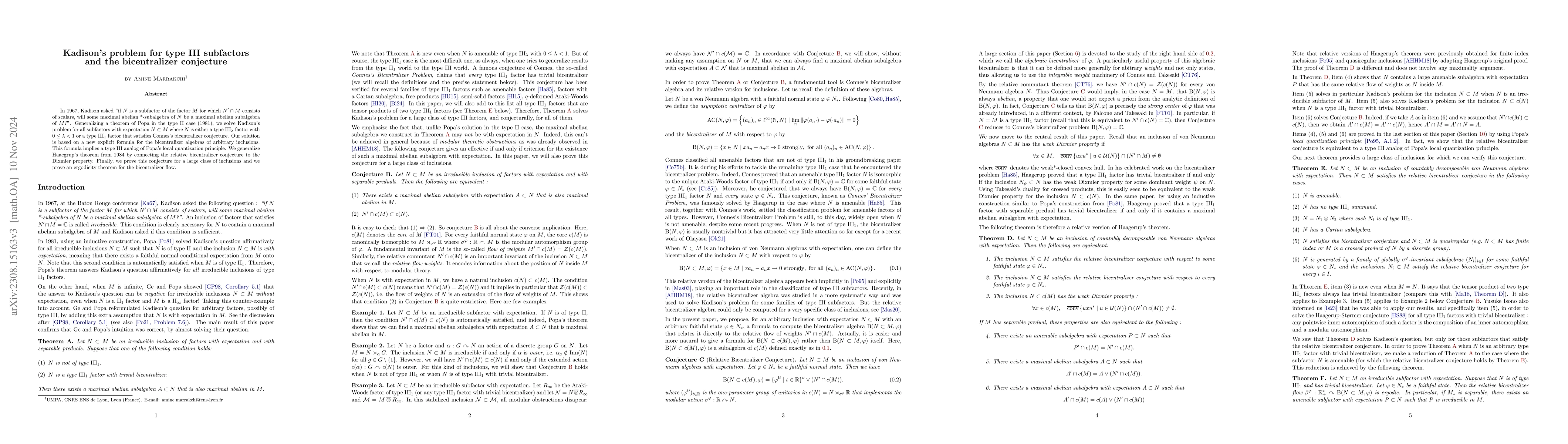 Thumbnail for Kadison's problem for type III subfactors and the bicentralizer
  conjecture