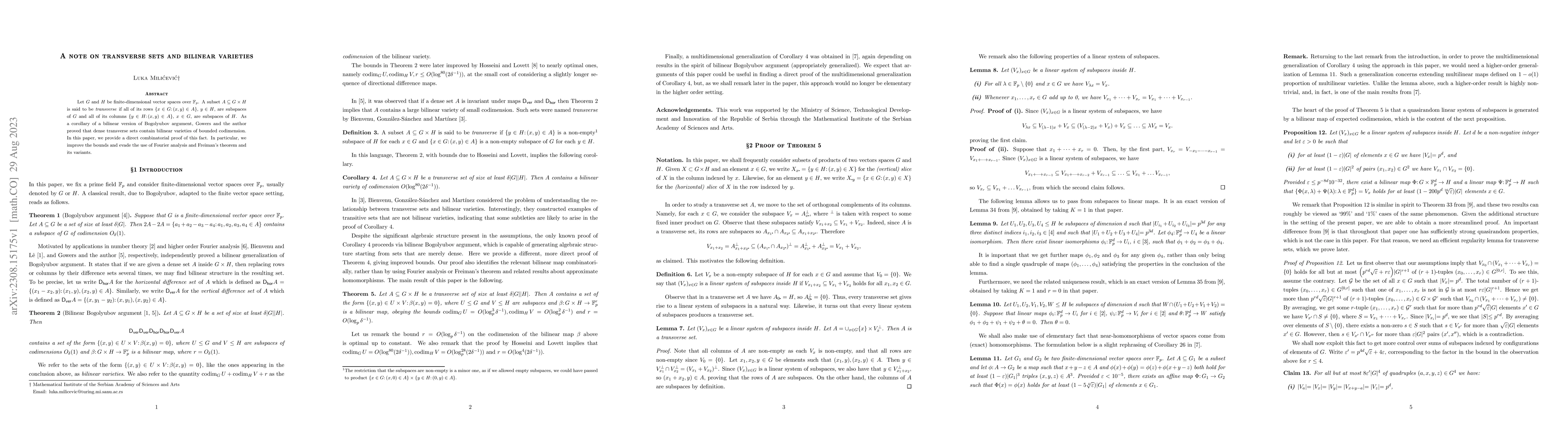 Thumbnail for A note on transverse sets and bilinear varieties