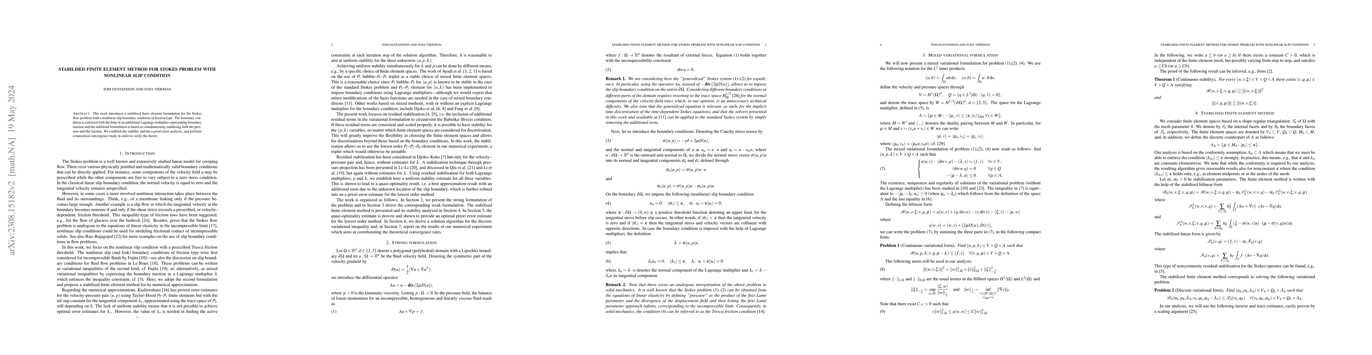 Thumbnail for Stabilised finite element method for Stokes problem with nonlinear slip
  condition