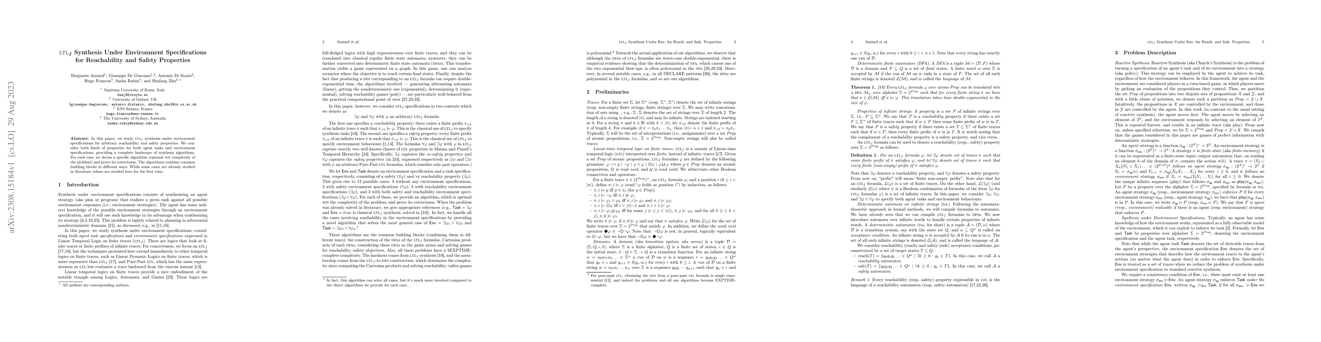 Thumbnail for LTLf Synthesis Under Environment Specifications for Reachability and
  Safety Properties