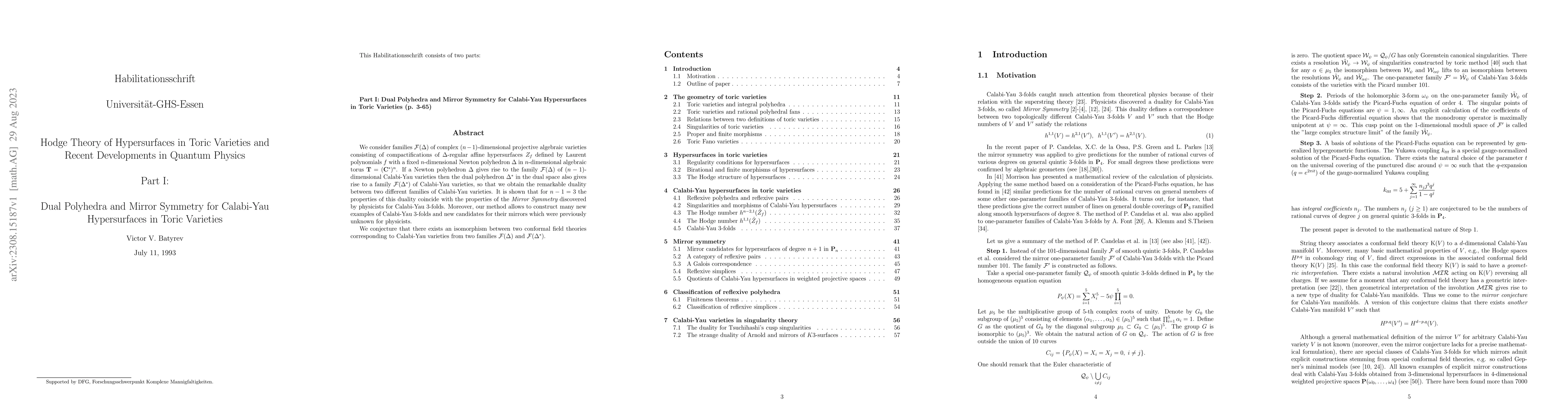 Thumbnail for Hodge Theory of Hypersurfaces in Toric Varieties and Recent Developments
  in Quantum Physics