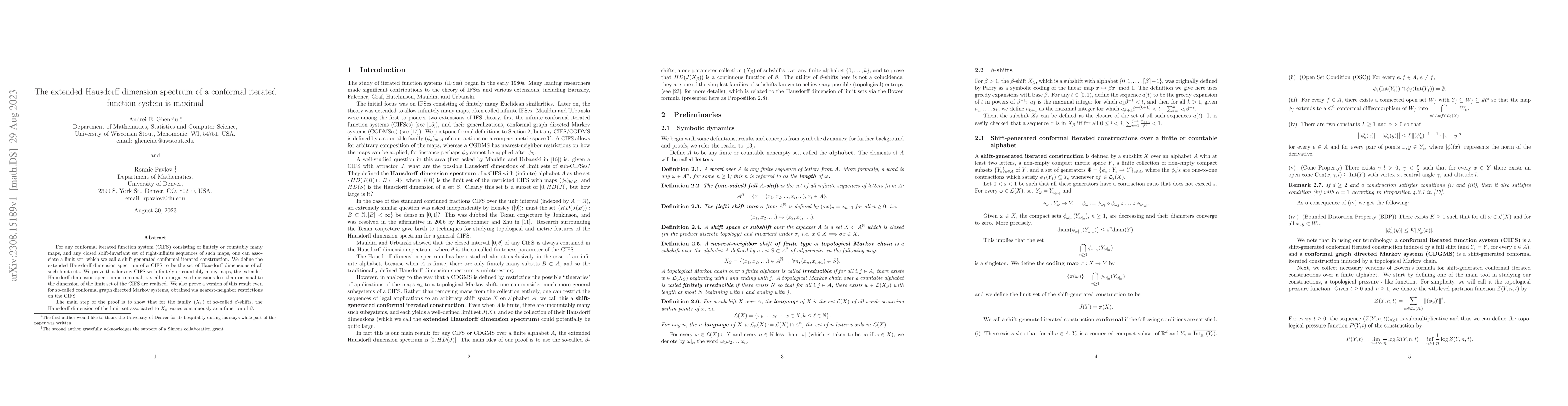 Thumbnail for The extended Hausdorff dimension spectrum of a conformal iterated
  function system is maximal