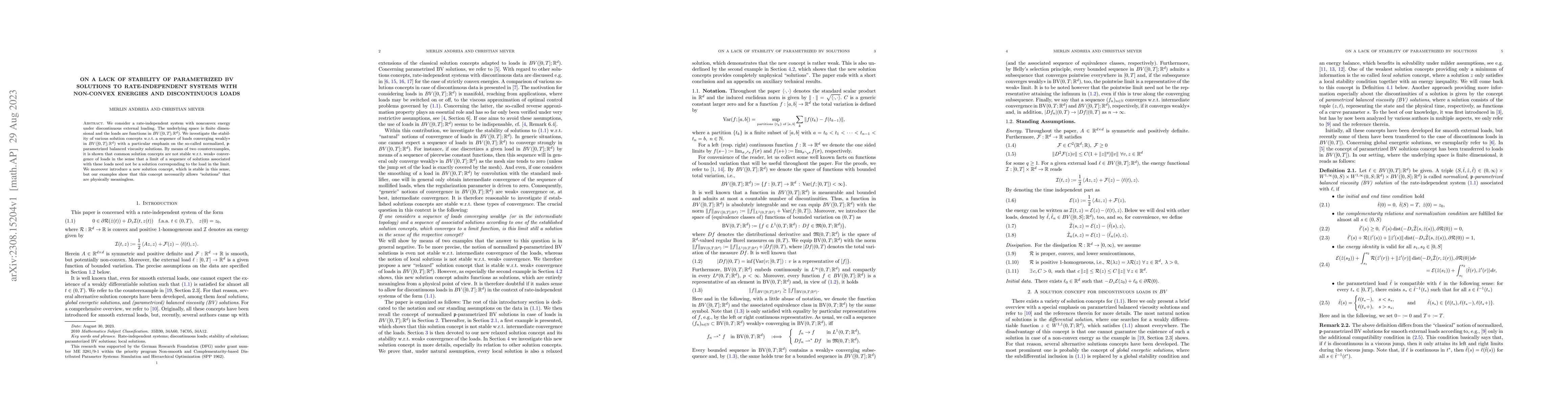 Thumbnail for On a Lack of Stability of Parametrized BV Solutions to Rate-Independent
  Systems with Non-Convex Energies and Discontinuous Loads
