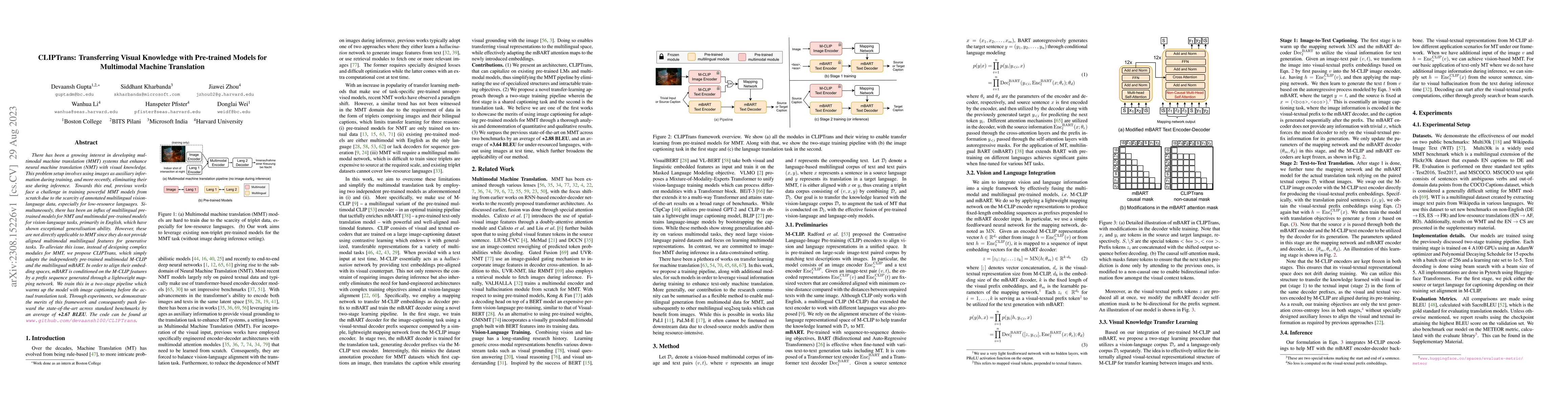 Thumbnail for CLIPTrans: Transferring Visual Knowledge with Pre-trained Models for
  Multimodal Machine Translation