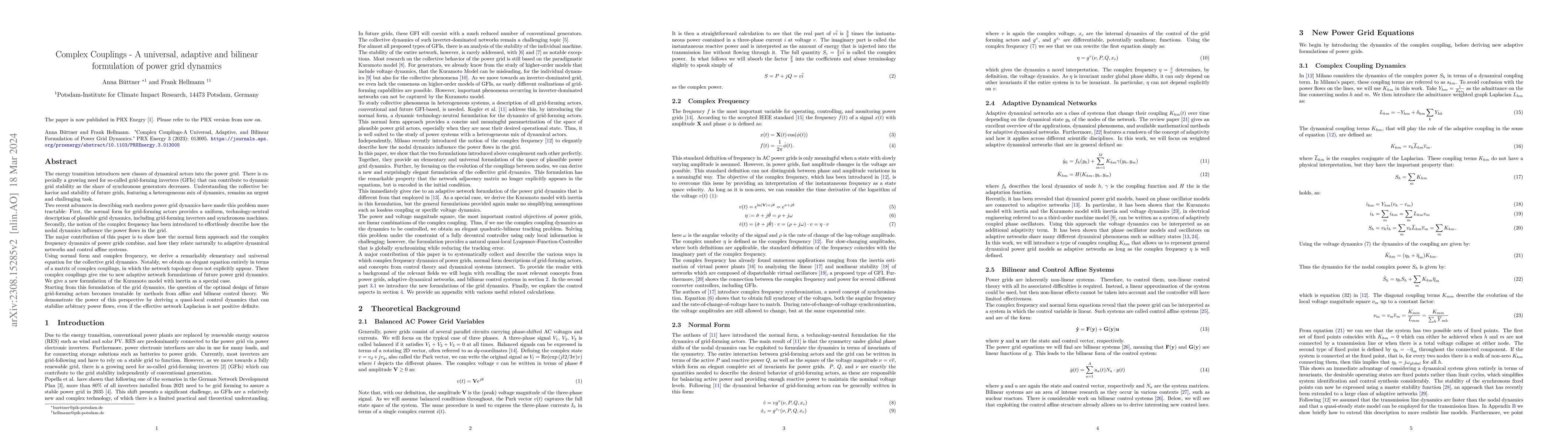 Thumbnail for Complex Couplings -- A universal, adaptive and bilinear formulation of
  power grid dynamics