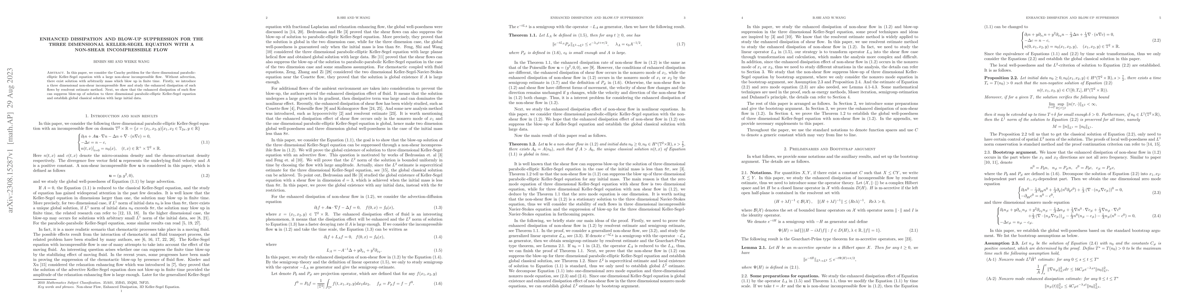 Thumbnail for Enhanced dissipation and blow-up suppression for the three dimensional
  Keller-Segel equation with a non-shear incompressible flow