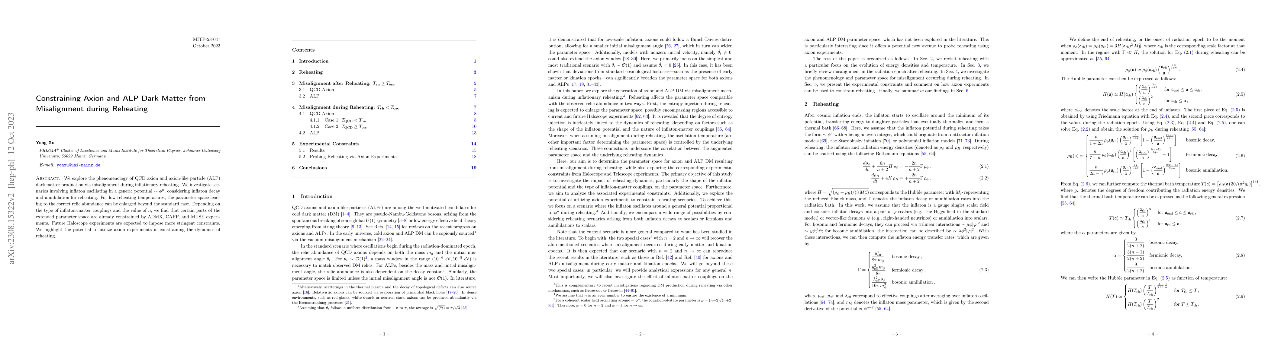Thumbnail for Constraining Axion and ALP Dark Matter from Misalignment during
  Reheating