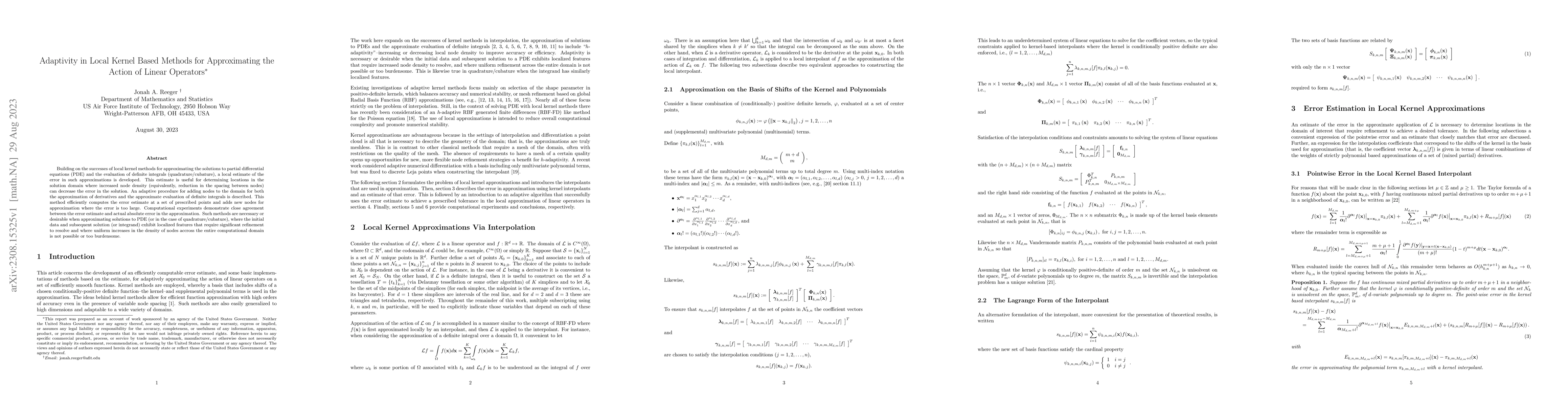 Thumbnail for Adaptivity in Local Kernel Based Methods for Approximating the Action of
  Linear Operators