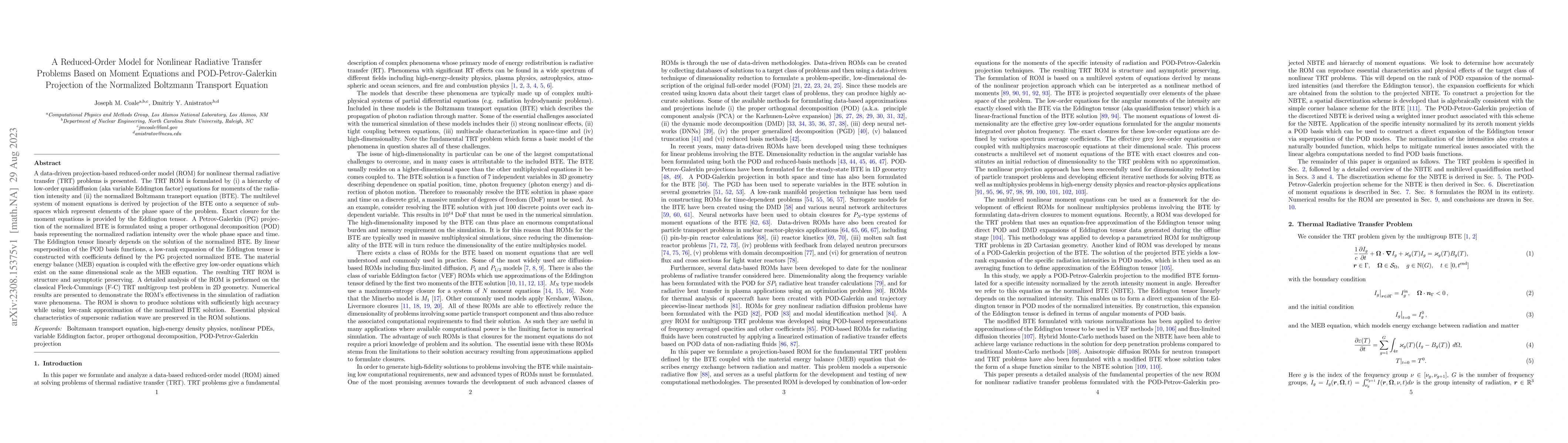 Thumbnail for A Reduced-Order Model for Nonlinear Radiative Transfer Problems Based on
  Moment Equations and POD-Petrov-Galerkin Projection of the Normalized
  Boltzmann Transport Equation