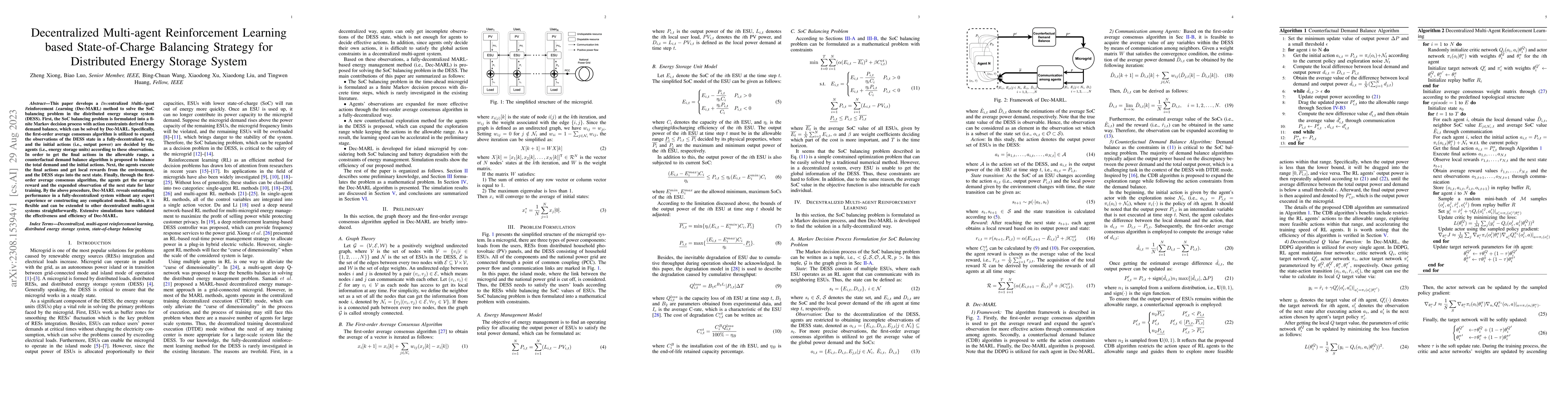 Thumbnail for Decentralized Multi-agent Reinforcement Learning based State-of-Charge
  Balancing Strategy for Distributed Energy Storage System