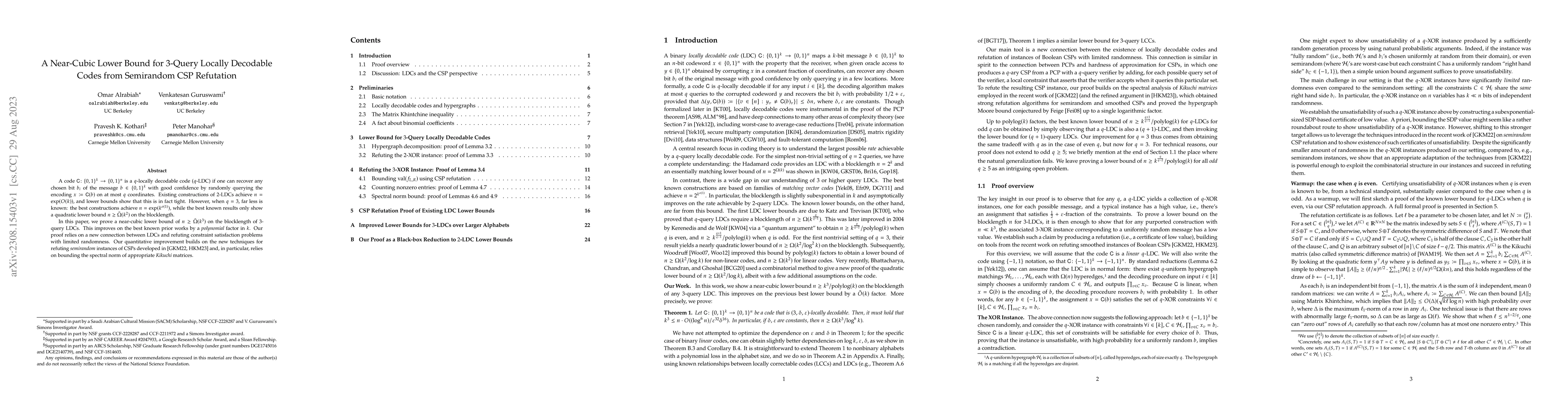 Thumbnail for A Near-Cubic Lower Bound for 3-Query Locally Decodable Codes from
  Semirandom CSP Refutation