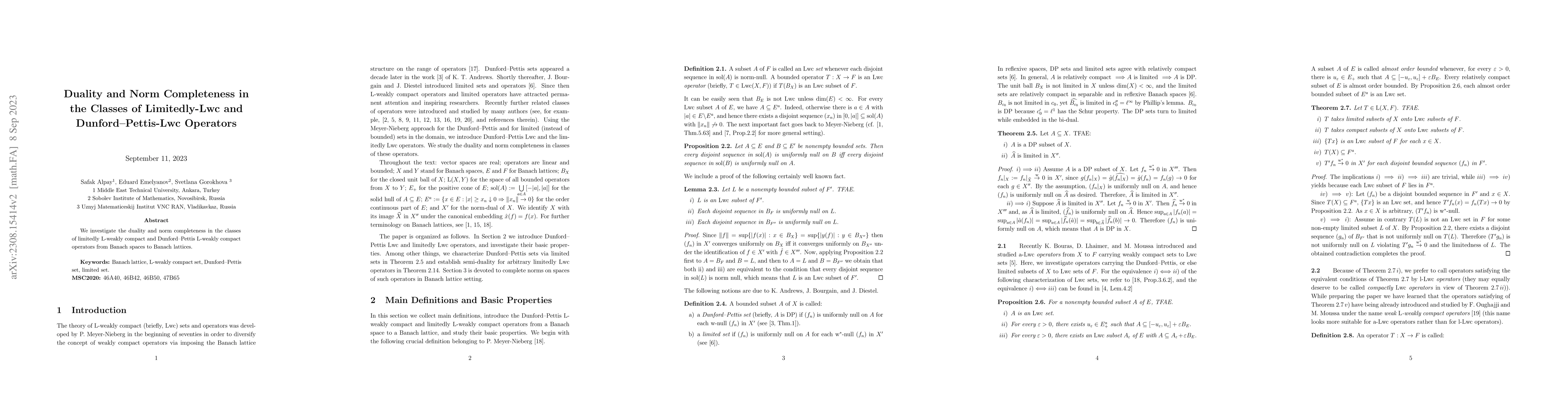 Thumbnail for Duality and Norm Completeness in the Classes of Limitedly--Lwc and
  Dunford--Pettis--Lwc Operators