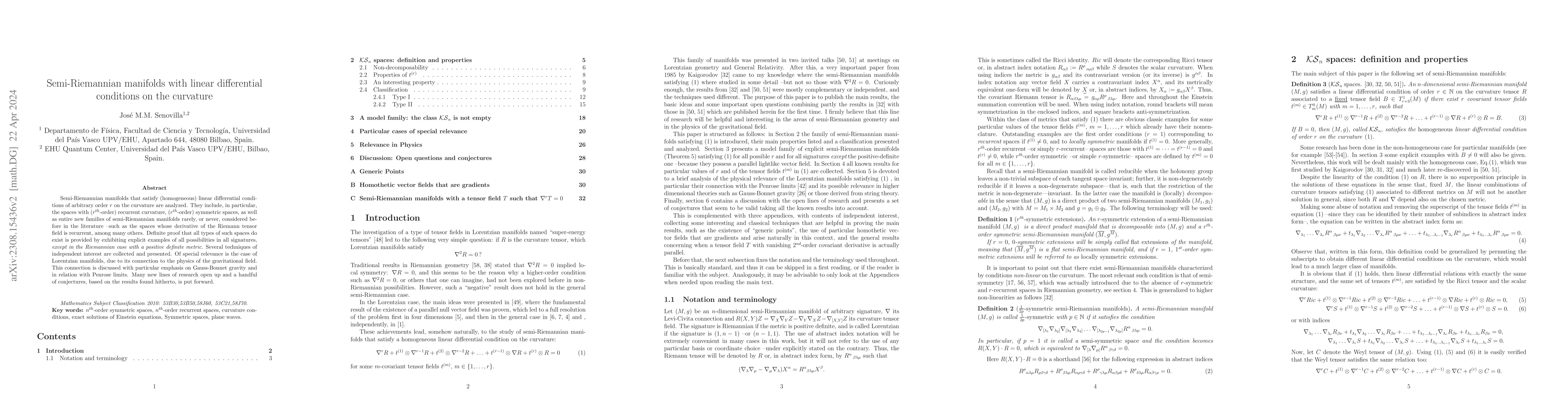 Thumbnail for Semi-Riemannian manifolds with linear differential conditions on the
  curvature