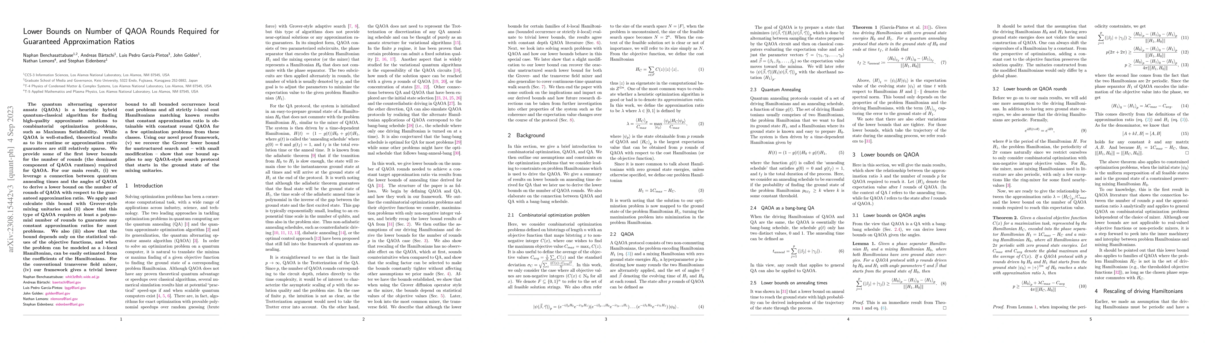 Thumbnail for Lower Bounds on Number of QAOA Rounds Required for Guaranteed
  Approximation Ratios