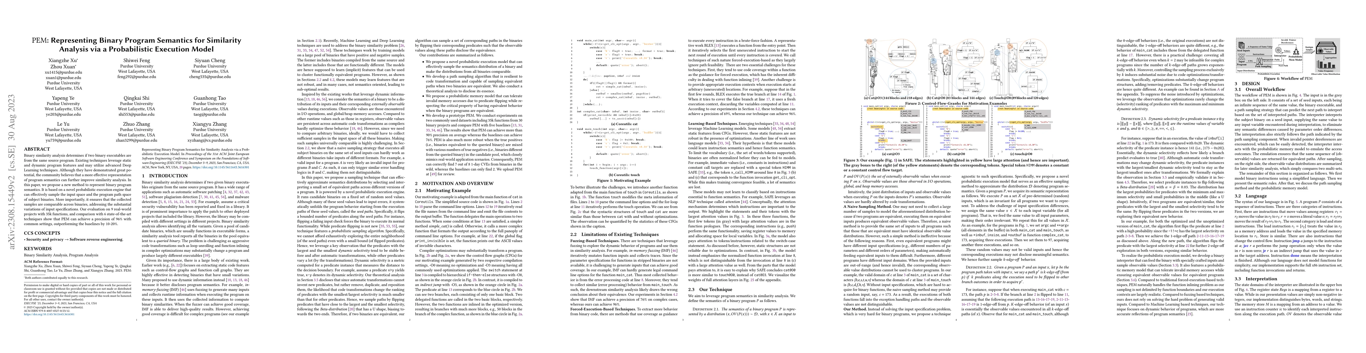 Thumbnail for PEM: Representing Binary Program Semantics for Similarity Analysis via a
  Probabilistic Execution Model