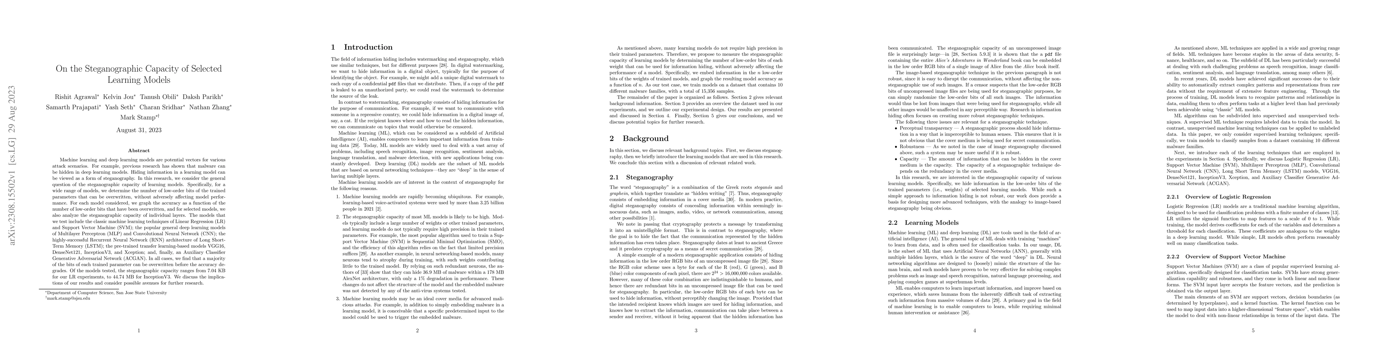 Thumbnail for On the Steganographic Capacity of Selected Learning Models