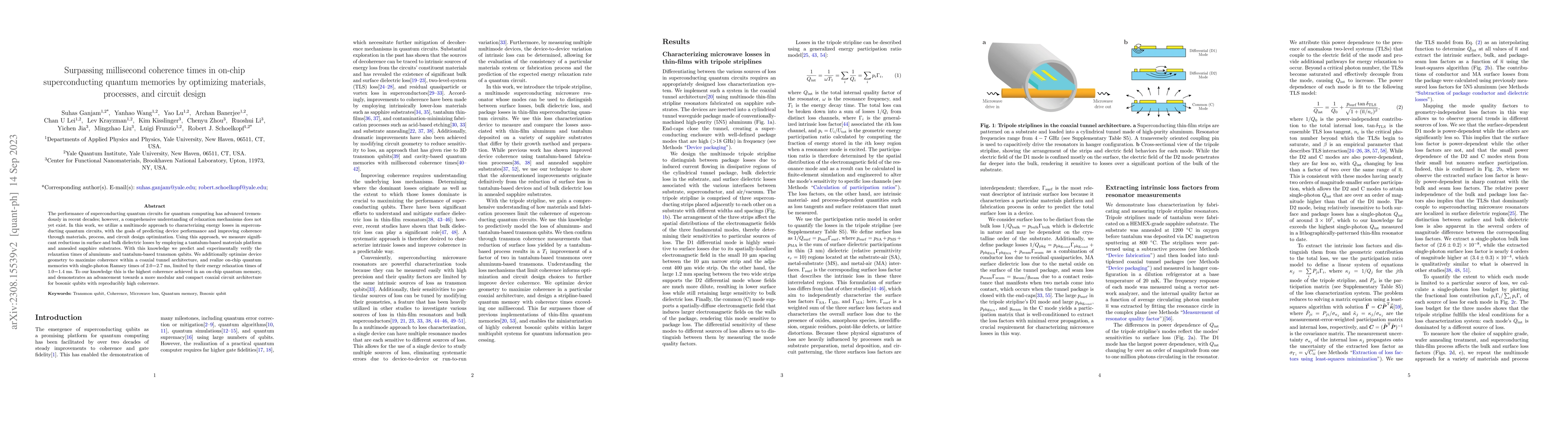 Thumbnail for Surpassing millisecond coherence times in on-chip superconducting
  quantum memories by optimizing materials, processes, and circuit design