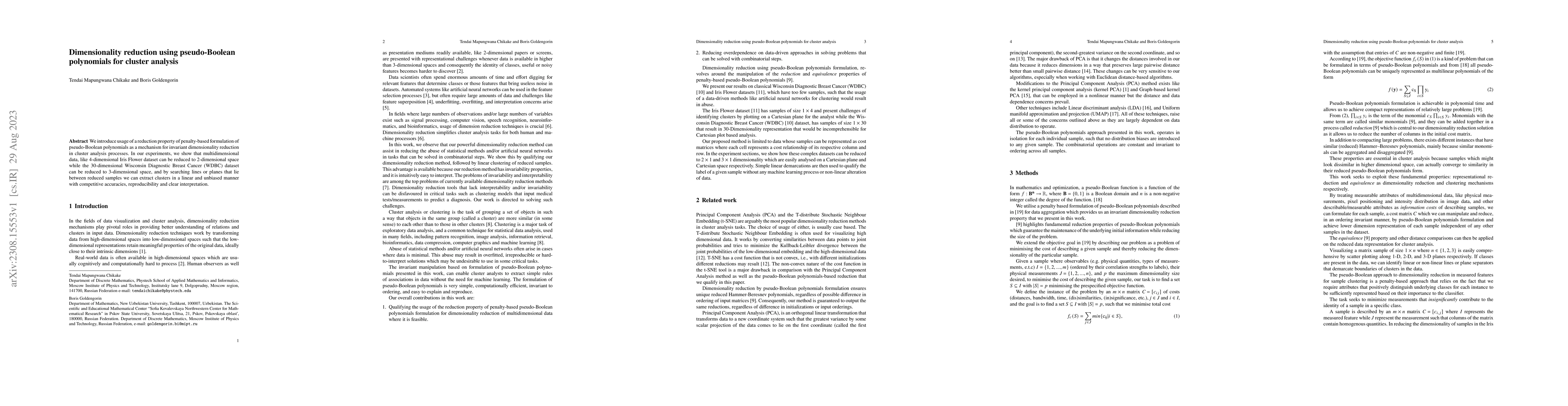 Thumbnail for Dimensionality Reduction Using pseudo-Boolean polynomials For Cluster
  Analysis