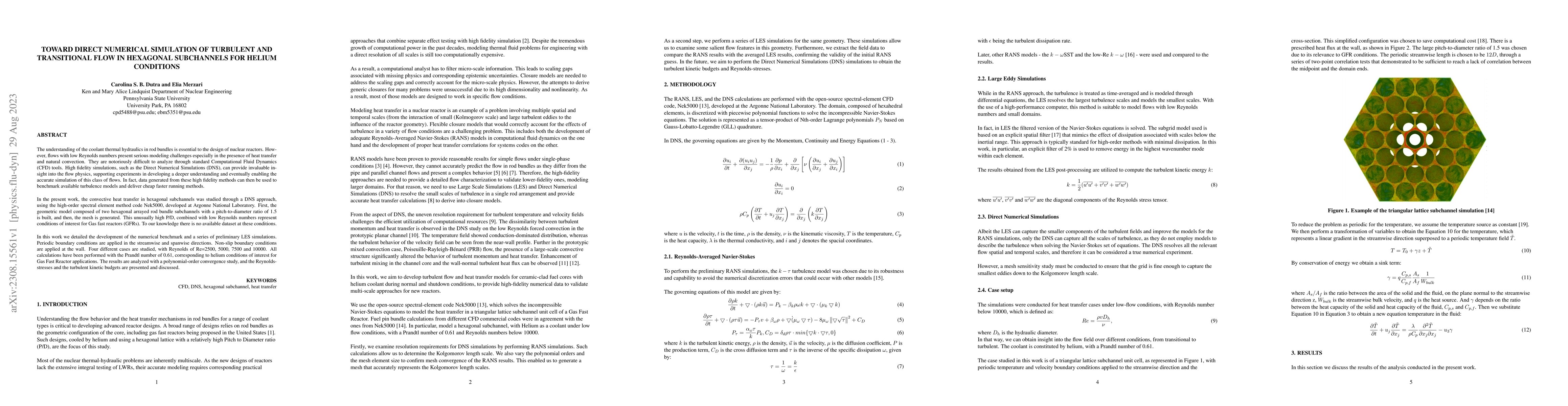 Thumbnail for Toward Direct Numerical Simulation of Turbulent and Transitional Flow in
  Hexagonal Subchannels for Helium Conditions