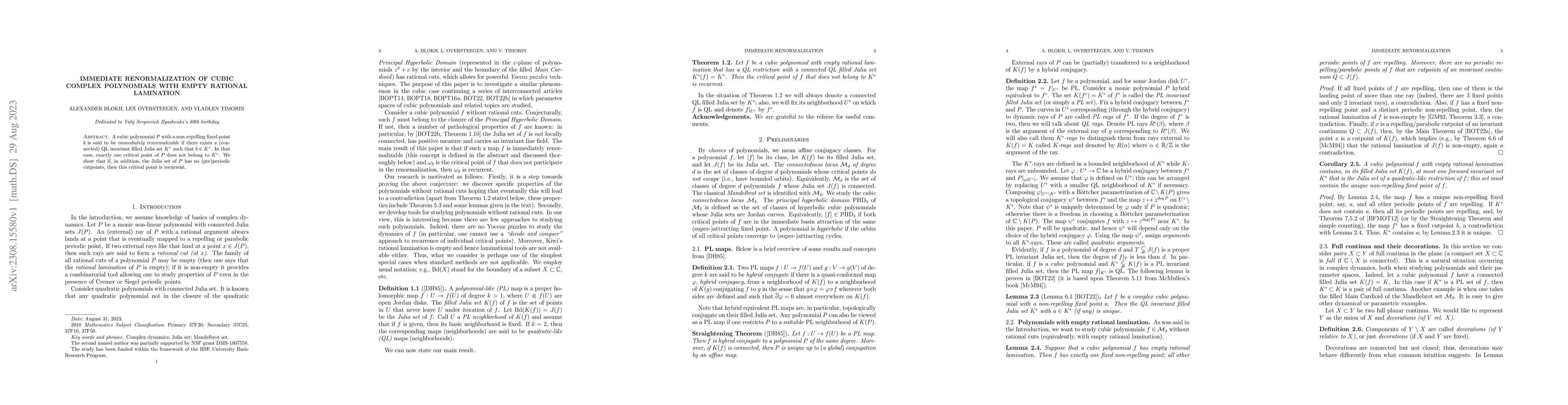 Thumbnail for Immediate renormalization of cubic complex polynomials with empty
  rational lamination