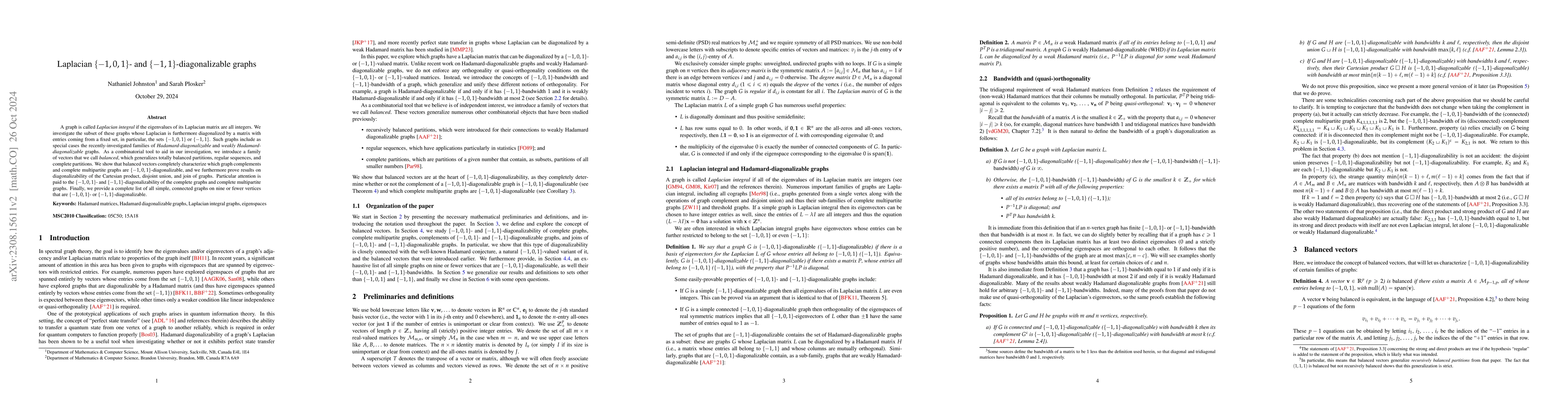 Thumbnail for Laplacian $\{-1,0,1\}$- and $\{-1,1\}$-diagonalizable graphs