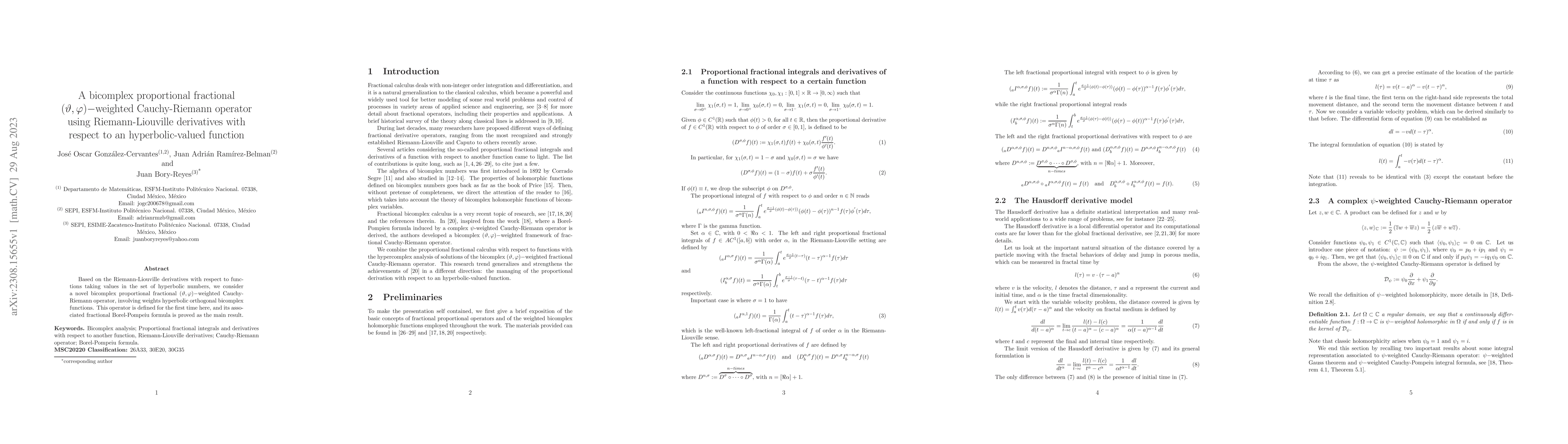 Thumbnail for A bicomplex proportional fractional $(\vartheta,\varphi)-$weighted
  Cauchy-Riemann operator using Riemann-Liouville derivatives with respect to
  an hyperbolic-valued function