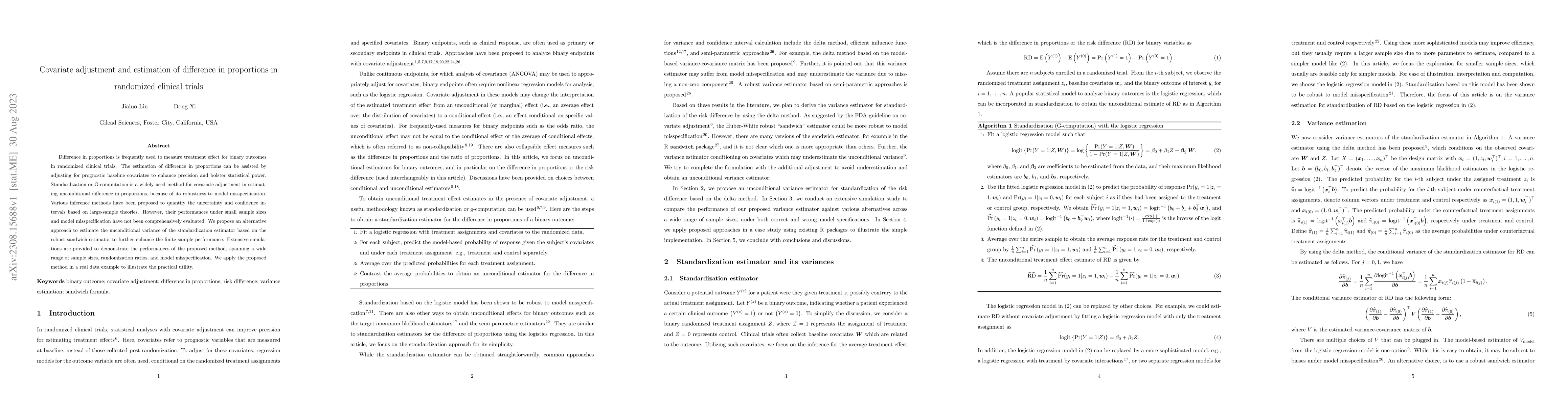 Thumbnail for Covariate adjustment and estimation of difference in proportions in
  randomized clinical trials