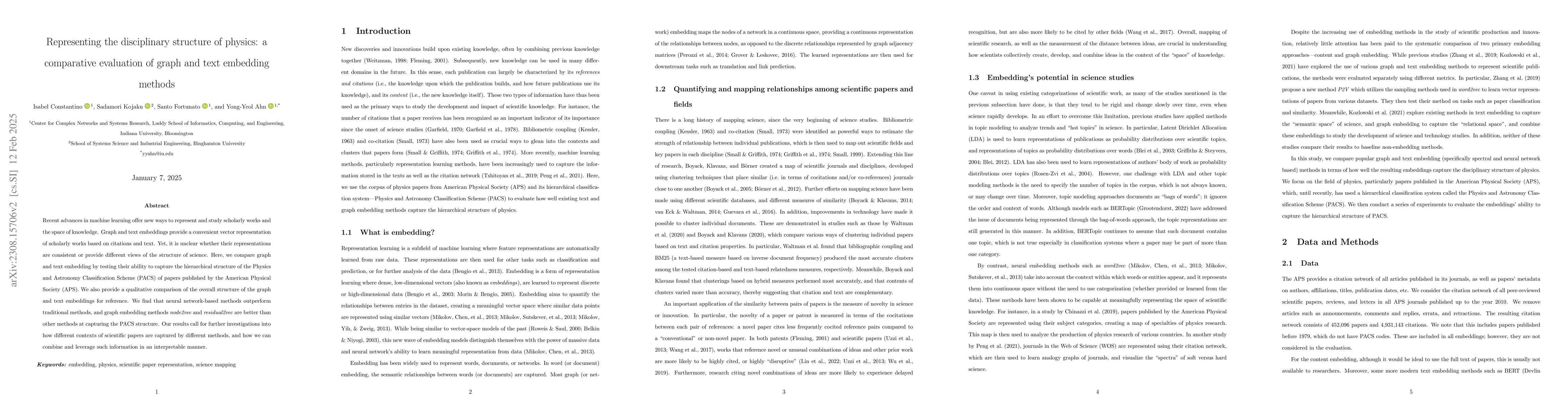 Thumbnail for Representing the Disciplinary Structure of Physics: A Comparative
  Evaluation of Graph and Text Embedding Methods
