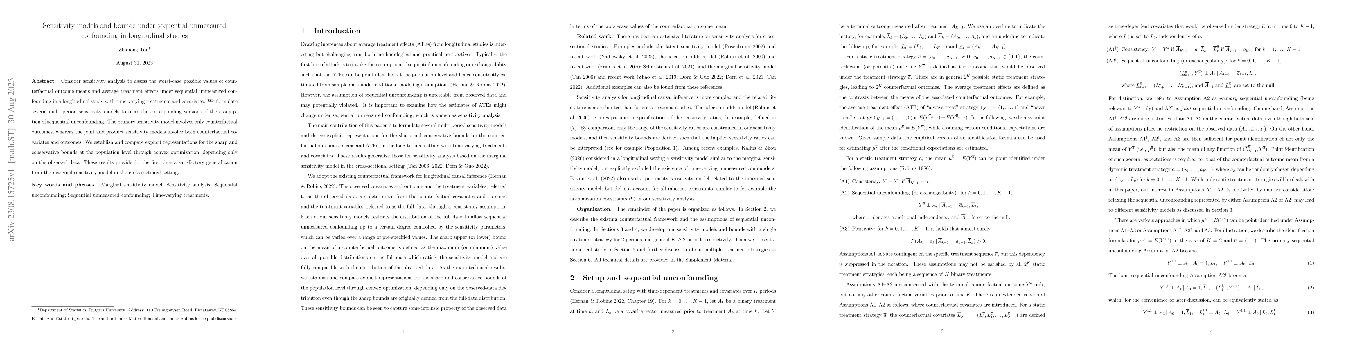 Thumbnail for Sensitivity models and bounds under sequential unmeasured confounding in
  longitudinal studies