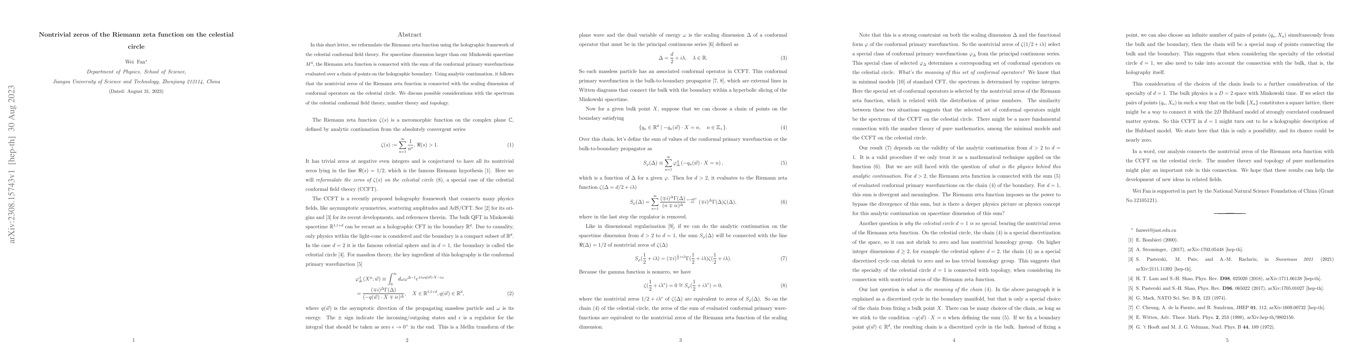 Thumbnail for Nontrivial zeros of the Riemann zeta function on the celestial circle