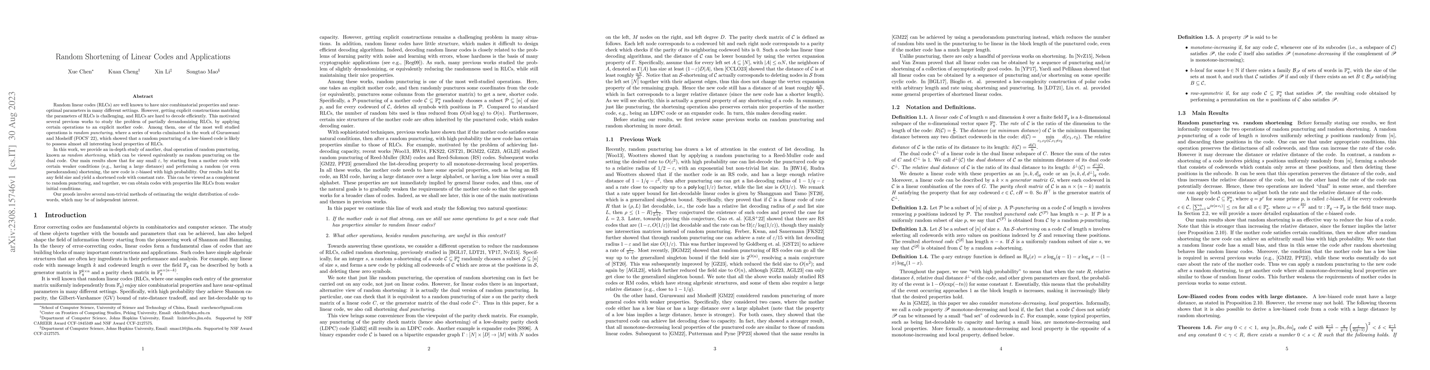 Thumbnail for Random Shortening of Linear Codes and Applications