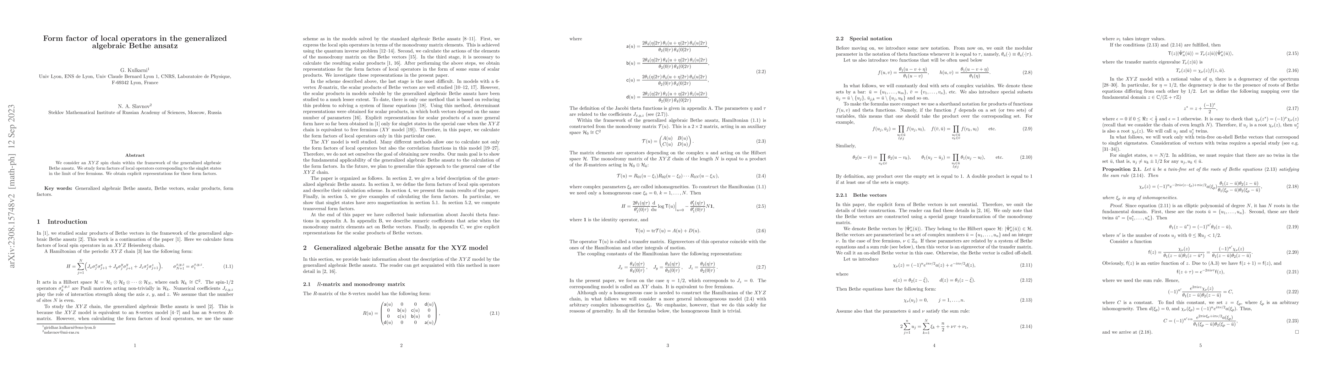 Thumbnail for Form factor of local operators in the generalized algebraic Bethe ansatz