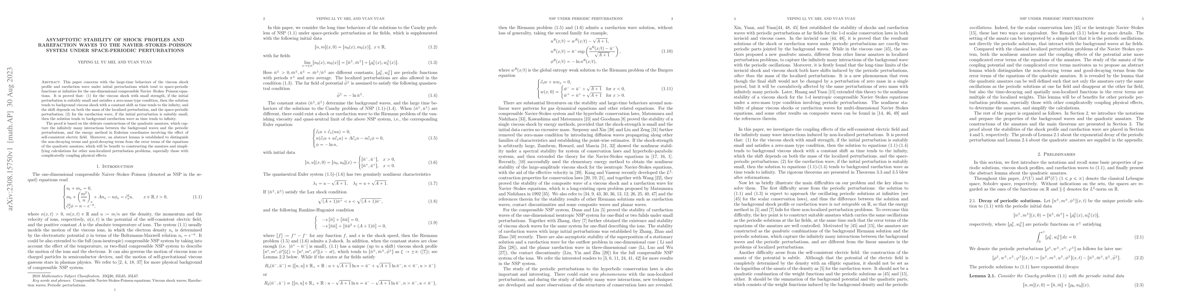 Thumbnail for Asymptotic stability of shock profiles and rarefaction waves to the
  Navier-Stokes-Poisson system under space-periodic perturbations